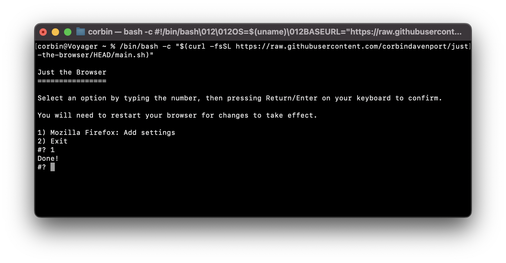 Screenshot of Firefox settings installation on Mac